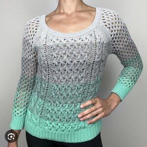 L American Eagle Outfitters Gradient Teal and Gray 85% Cotton Open-Knit Sweater